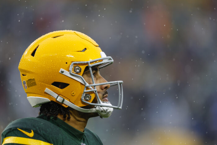 Green Bay Packers quarterback Jordan Love (10) looks on the field before a NFL football game against the Detroit Lions Sunday, Nov. 3, 2024, in Green Bay, Wis. (AP Photo/Jeffrey Phelps