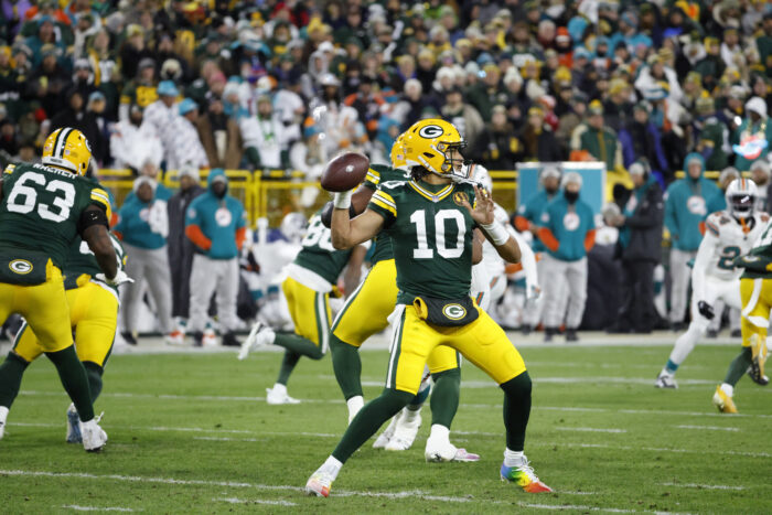 Green Bay Packers quarterback Jordan Love (10) during an NFL football game Thursday, Nov. 28, 2024, in Green Bay, Wis. (AP Photo/Mike Roemer)