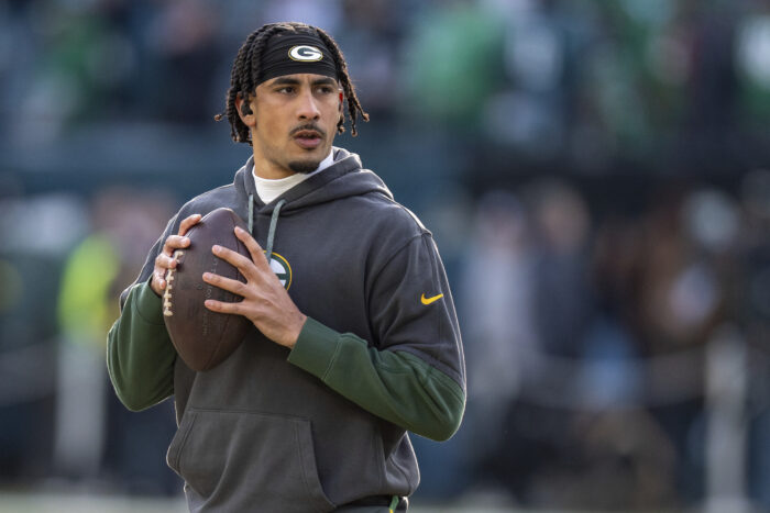 Green Bay Packers quarterback Jordan Love (10) in action before an NFL wild-card playoff football game against the Philadelphia Eagles, Sunday, Jan. 12, 2025, in Philadelphia. (AP Photo/Chris Szagola)